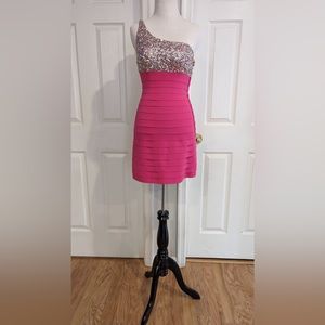 Size 4 Sherri Hill style 1077351 one shoulder pink bandage dress with sequins.